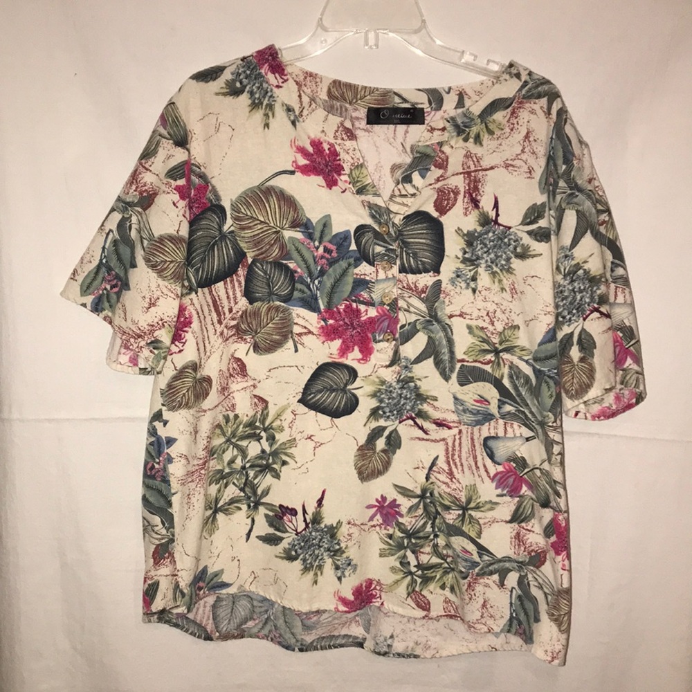 O-Nelue Women’s Leaf Print Button Front Short Sleeve Blouse - 3XL